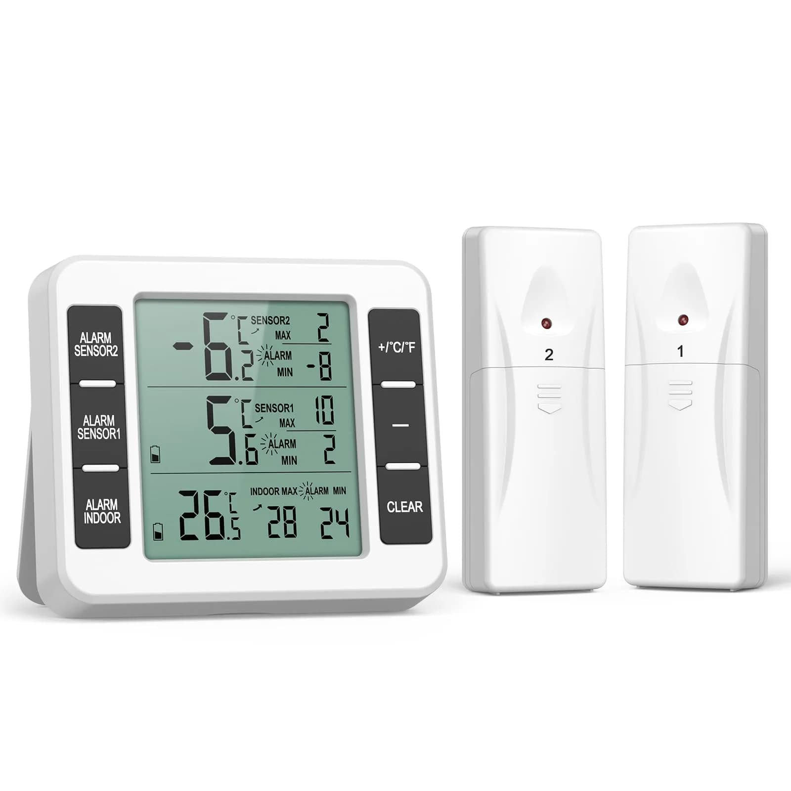 ORIA Wireless Refrigerator Thermometer with 2 Sensors & Audible Alarm, Indoor/Outdoor, LCD Display, 30m Range | 3.7in Main Unit - main product image