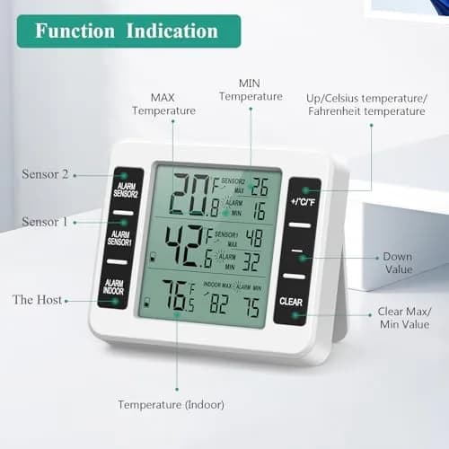 ORIA Wireless Refrigerator Thermometer with 2 Sensors & Audible Alarm, Indoor/Outdoor, LCD Display, 30m Range | 3.7in Main Unit thumbnail 5