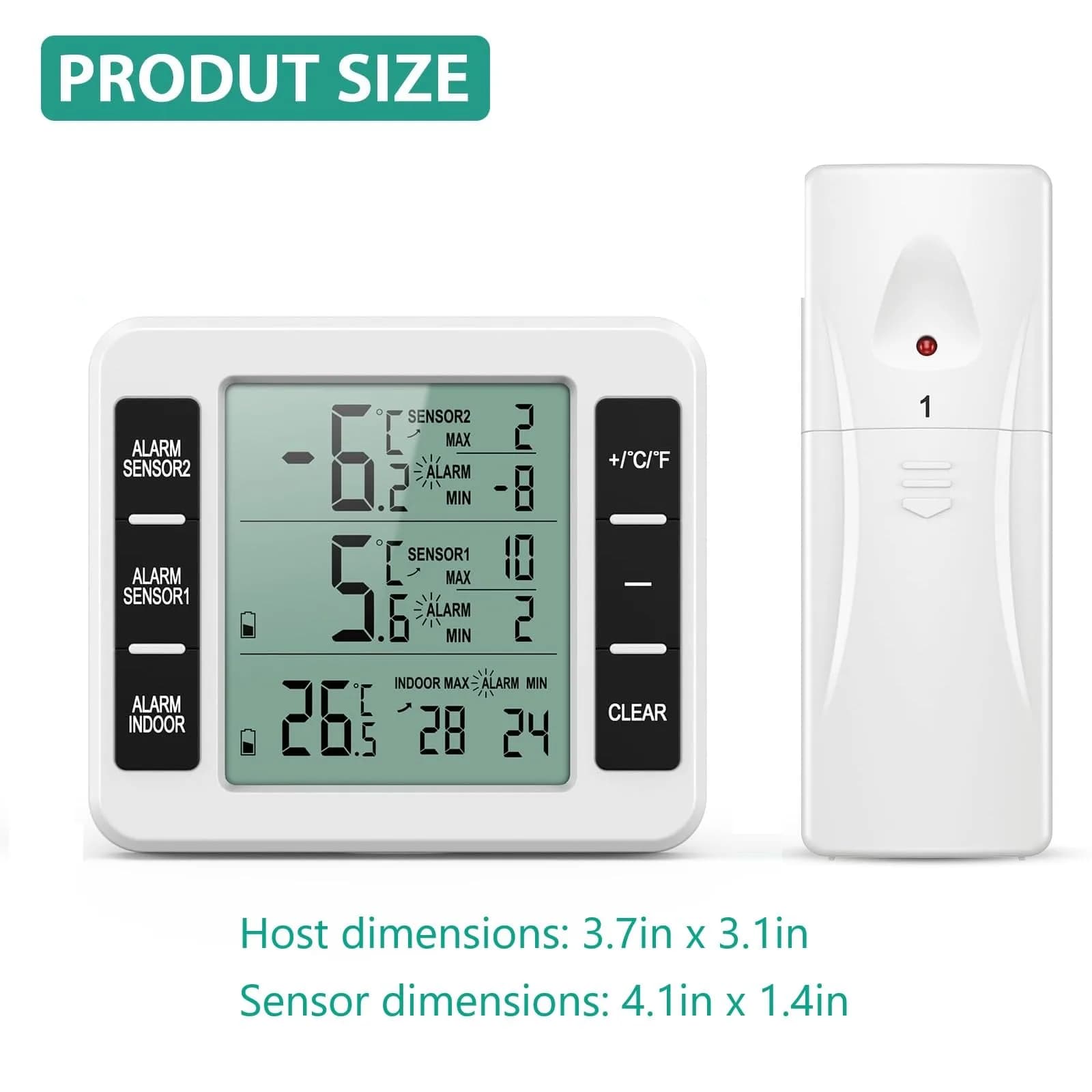 ORIA Wireless Refrigerator Thermometer with 2 Sensors & Audible Alarm, Indoor/Outdoor, LCD Display, 30m Range | 3.7in Main Unit - view 7