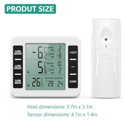 ORIA Wireless Refrigerator Thermometer with 2 Sensors & Audible Alarm, Indoor/Outdoor, LCD Display, 30m Range | 3.7in Main Unit thumbnail 7