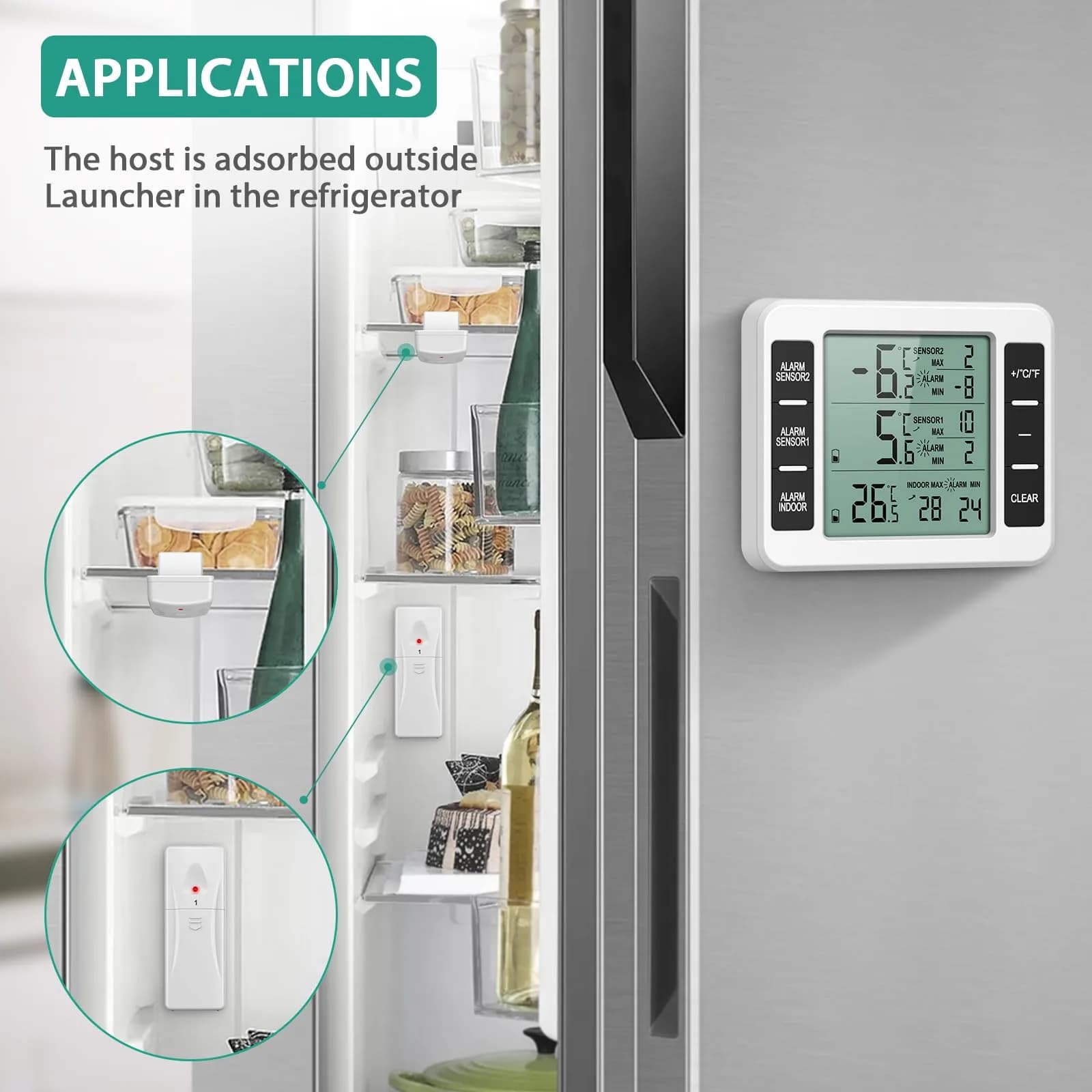ORIA Wireless Refrigerator Thermometer with 2 Sensors & Audible Alarm, Indoor/Outdoor, LCD Display, 30m Range | 3.7in Main Unit - view 2