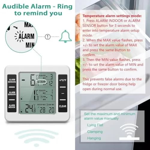 ORIA Wireless Refrigerator Thermometer with 2 Sensors & Audible Alarm, Indoor/Outdoor, LCD Display, 30m Range | 3.7in Main Unit thumbnail 3