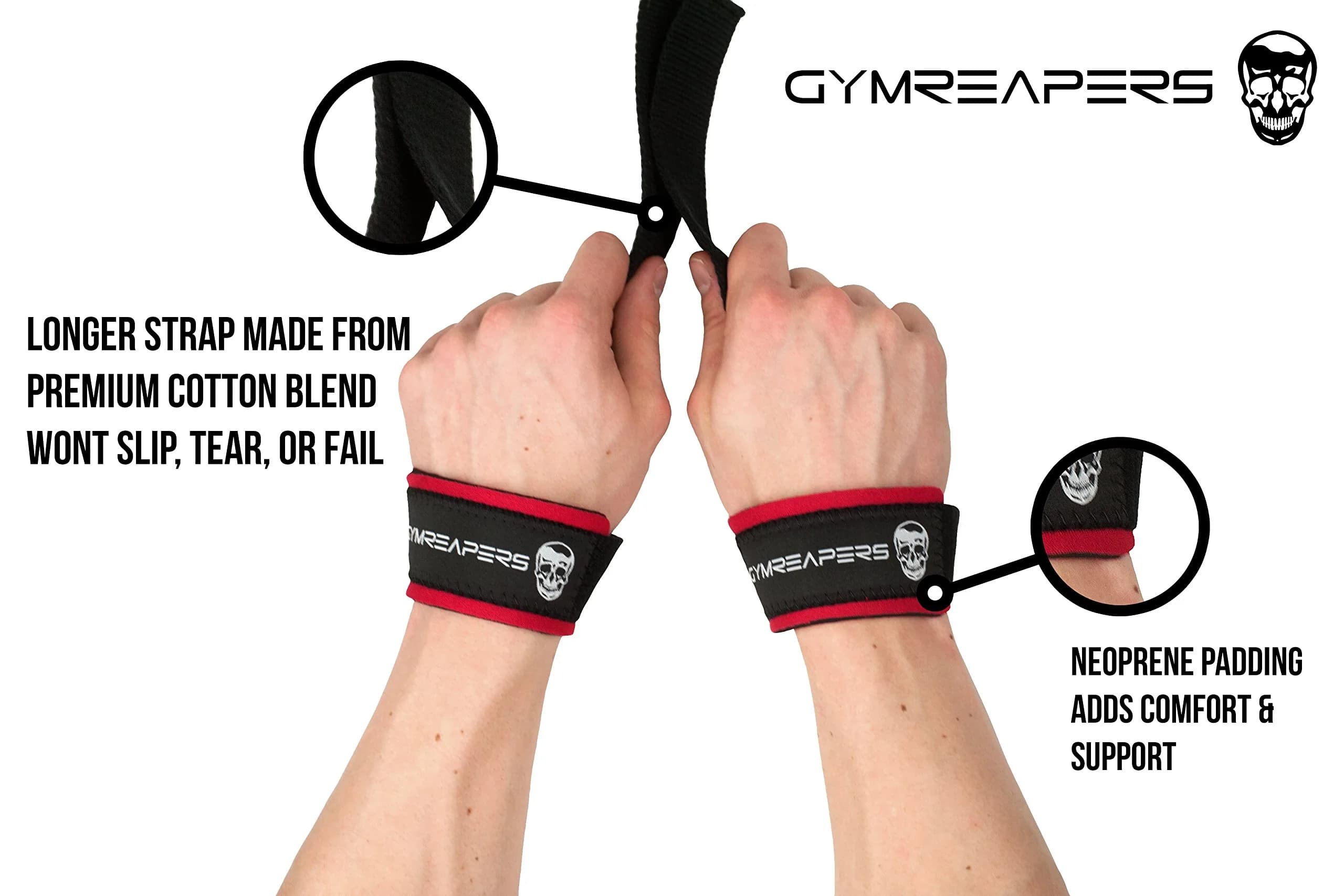 Gymreapers Lifting Wrist Straps with Neoprene Padding & 18" Cotton | Black/Red - view 2