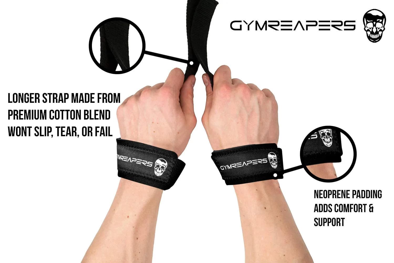 Gymreapers Lifting Wrist Straps for Weightlifting, Bodybuilding, Powerlifting, Strength Training, & Deadlifts - Padded Neoprene with 18" Cotton (Black) | 2 Pack - view 2