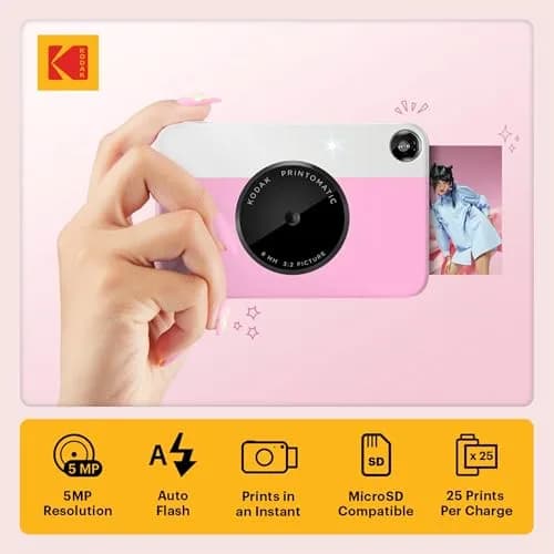 KODAK Printomatic Instant Print Camera Pink | 5MP Digital Camera with Zink Photo Paper & Sticky Back thumbnail 2
