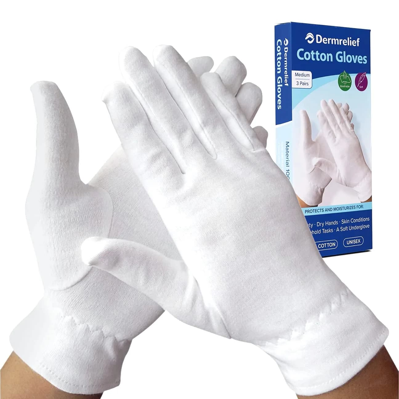 Dermrelief Organic Cotton Gloves Medium (3 Pairs) | Assist Cream Absorption for Dry Hands, Eczema, Dermatitis - main product image