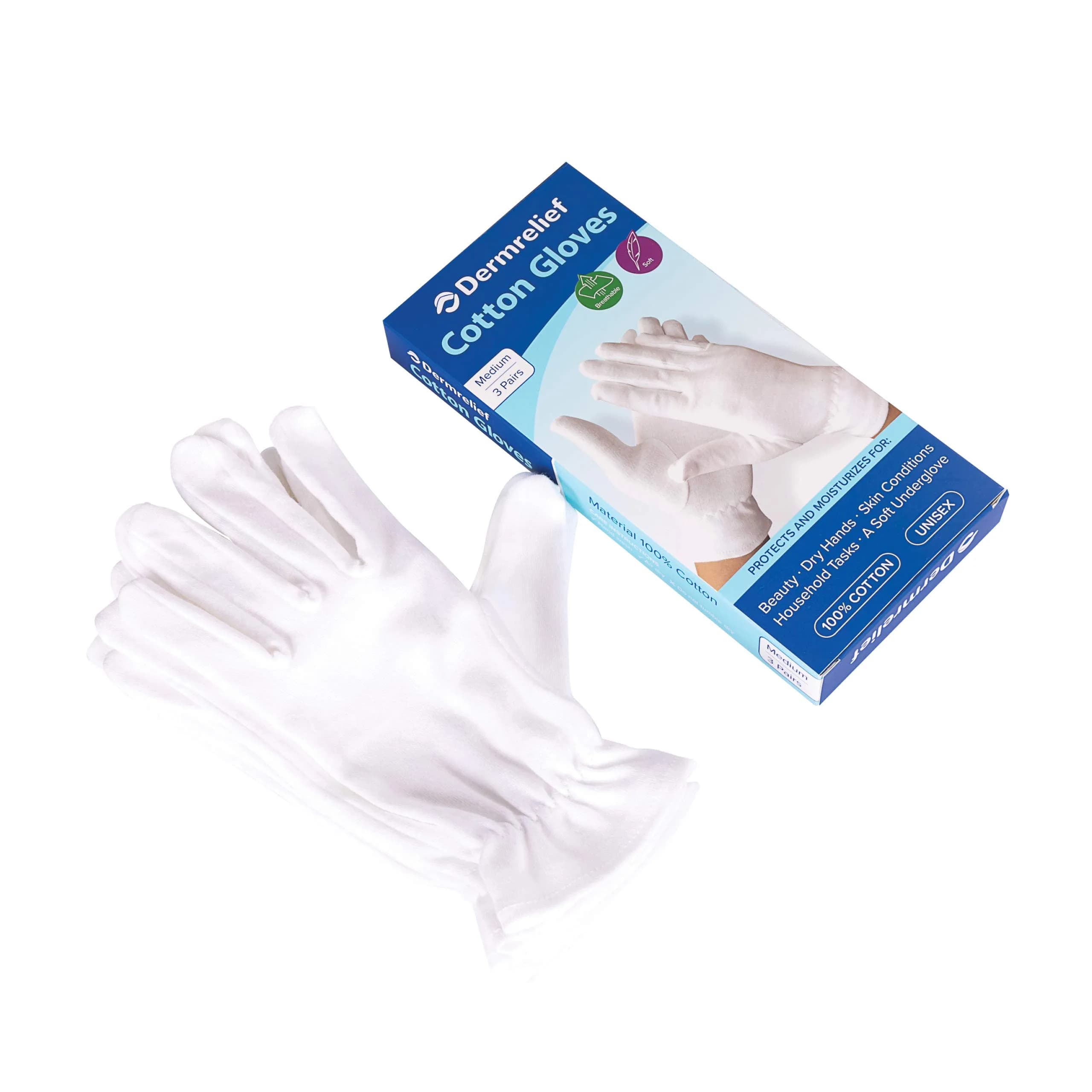 Dermrelief Organic Cotton Gloves Medium (3 Pairs) | Assist Cream Absorption for Dry Hands, Eczema, Dermatitis - view 2