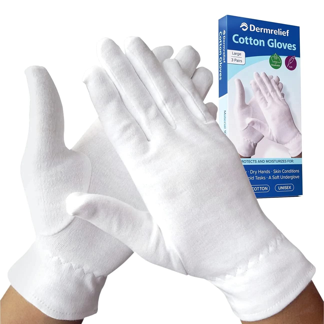 Dermrelief Organic Cotton Gloves for Dry Hands, Eczema & Psoriasis Relief (Large, 3 Pairs, White) | Moisturizing Gloves for Overnight Use - main product image