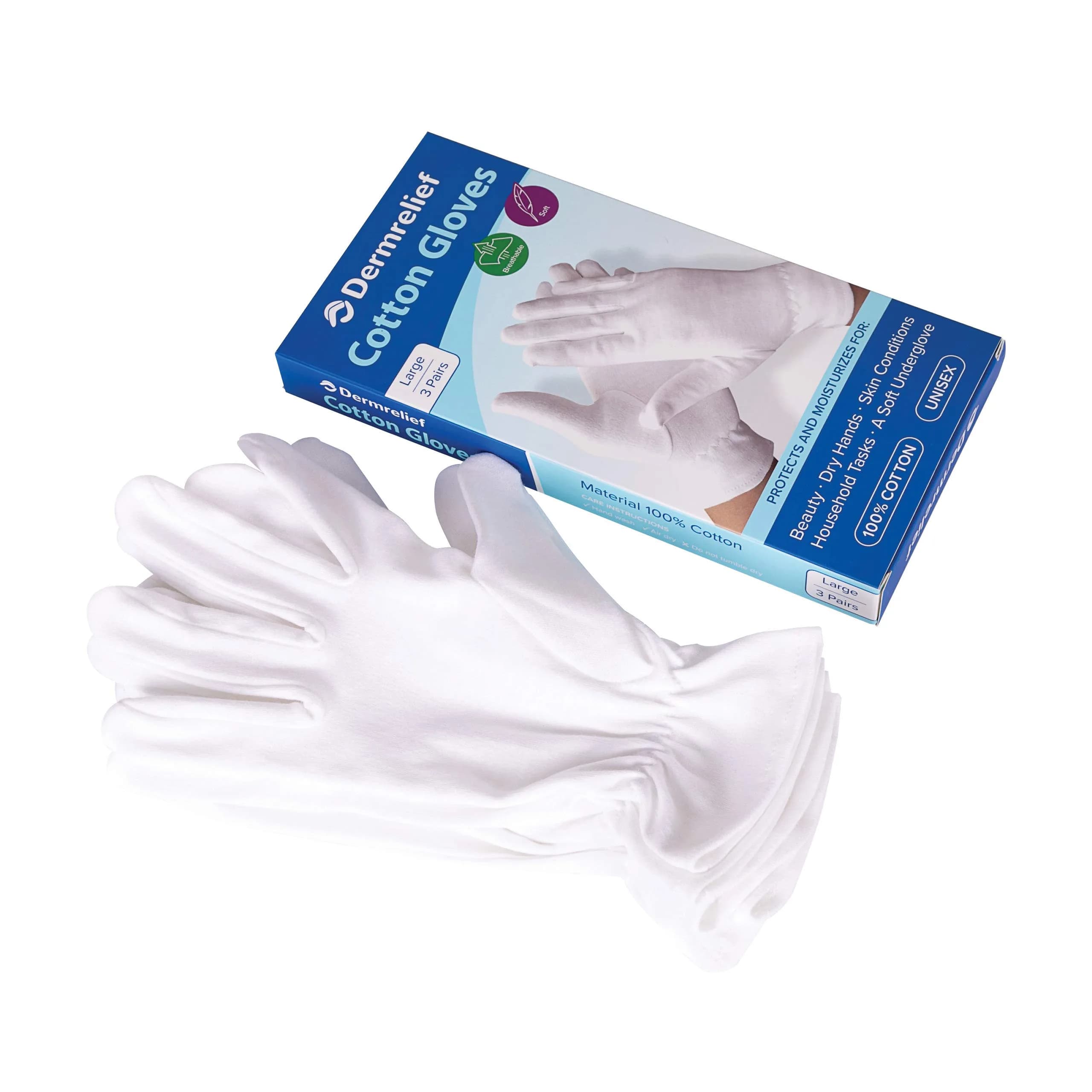 Dermrelief Organic Cotton Gloves for Dry Hands, Eczema & Psoriasis Relief (Large, 3 Pairs, White) | Moisturizing Gloves for Overnight Use - view 2