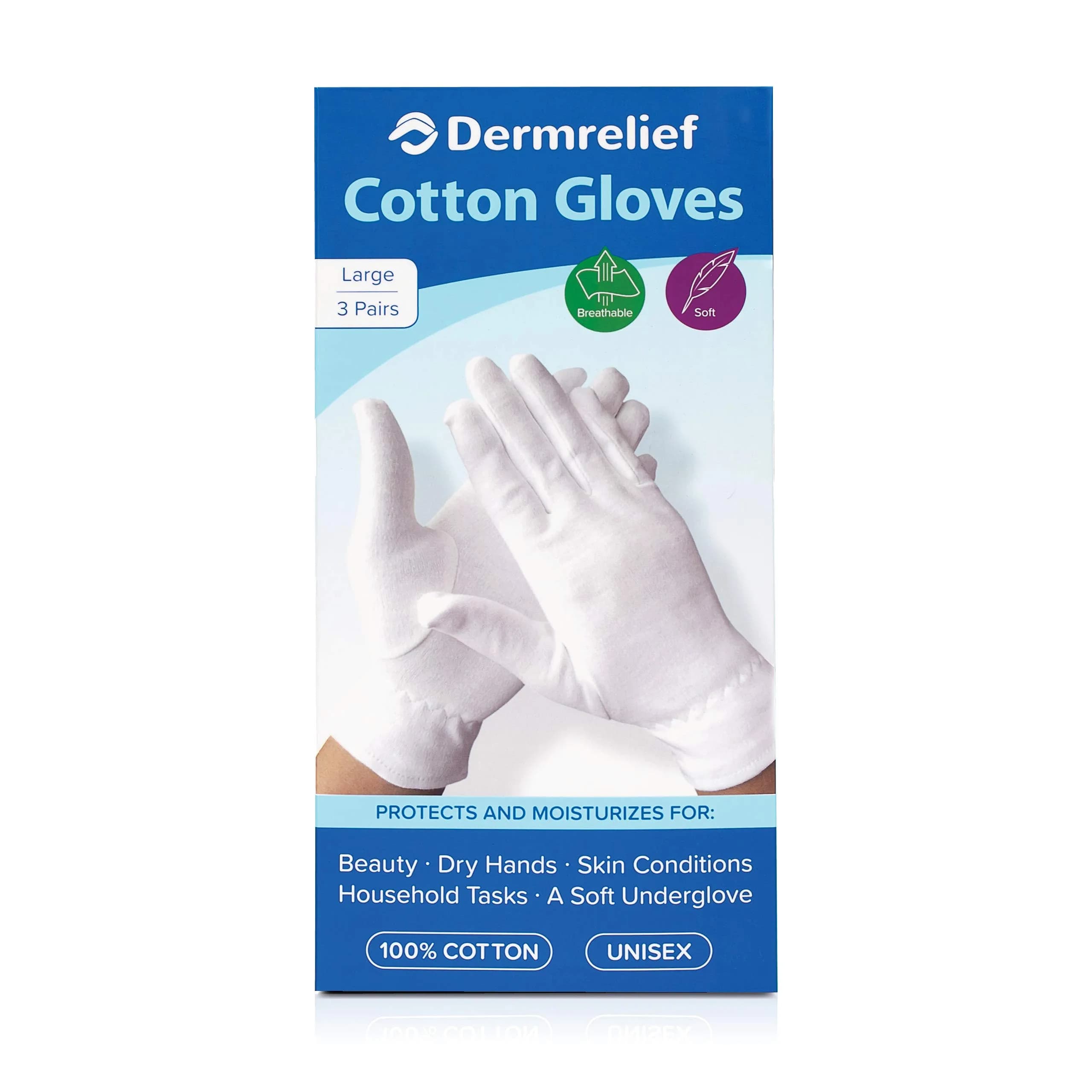 Dermrelief Organic Cotton Gloves for Dry Hands, Eczema & Psoriasis Relief (Large, 3 Pairs, White) | Moisturizing Gloves for Overnight Use - view 3