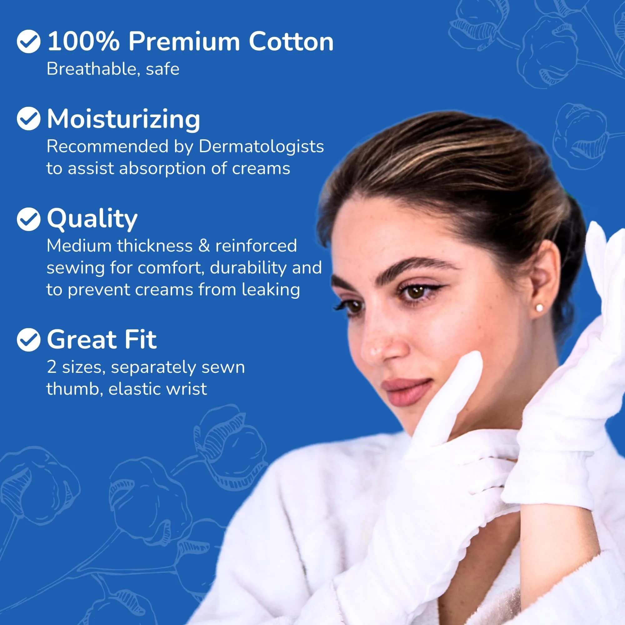 Dermrelief Organic Cotton Gloves for Dry Hands, Eczema & Psoriasis Relief (Large, 3 Pairs, White) | Moisturizing Gloves for Overnight Use - view 4