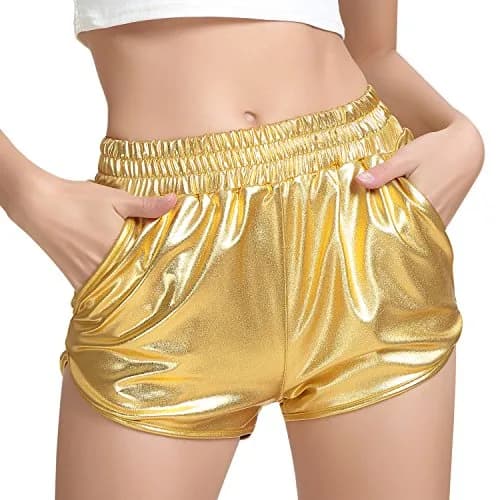 Perfashion Women's Gold Metallic Shorts | Shiny Yoga & Disco Pants, Mid Rise, 2-4 Size, Lightweight Polyester Spandex thumbnail 1