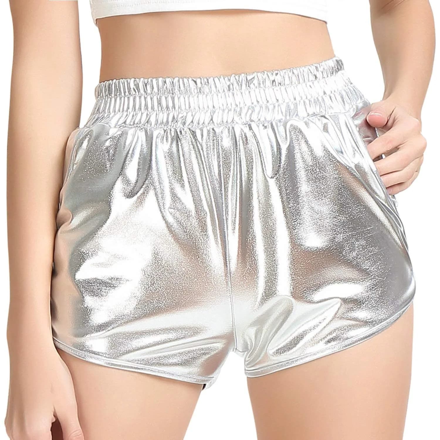 Perfashion Women's Gold Metallic Shorts | Shiny Yoga & Disco Pants, Mid Rise, 2-4 Size, Lightweight Polyester Spandex — Silver / 2-4