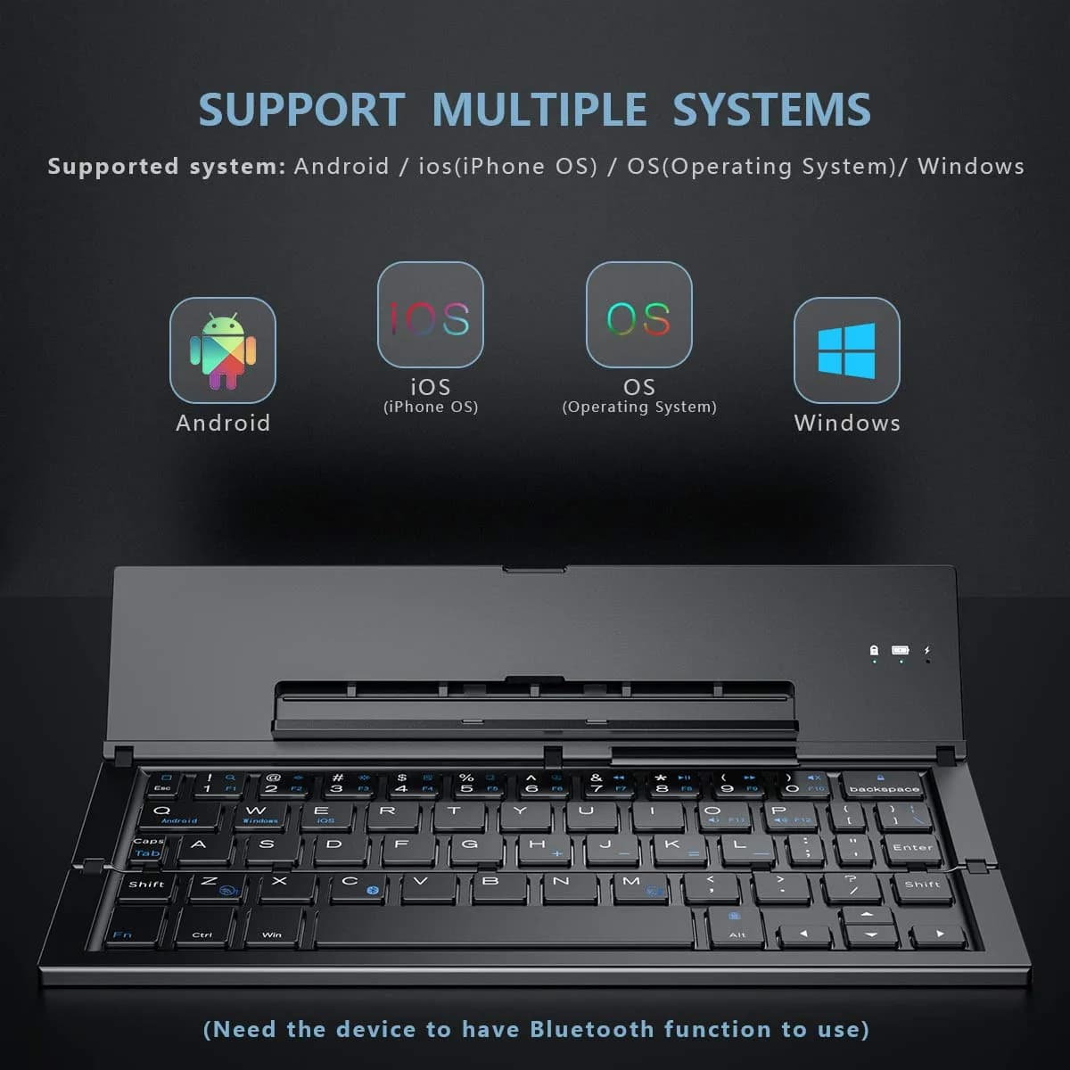 Geyes Foldable Bluetooth Keyboard with Stand | 78-Key QWERTY Layout, Aluminum Alloy, Black - view 2