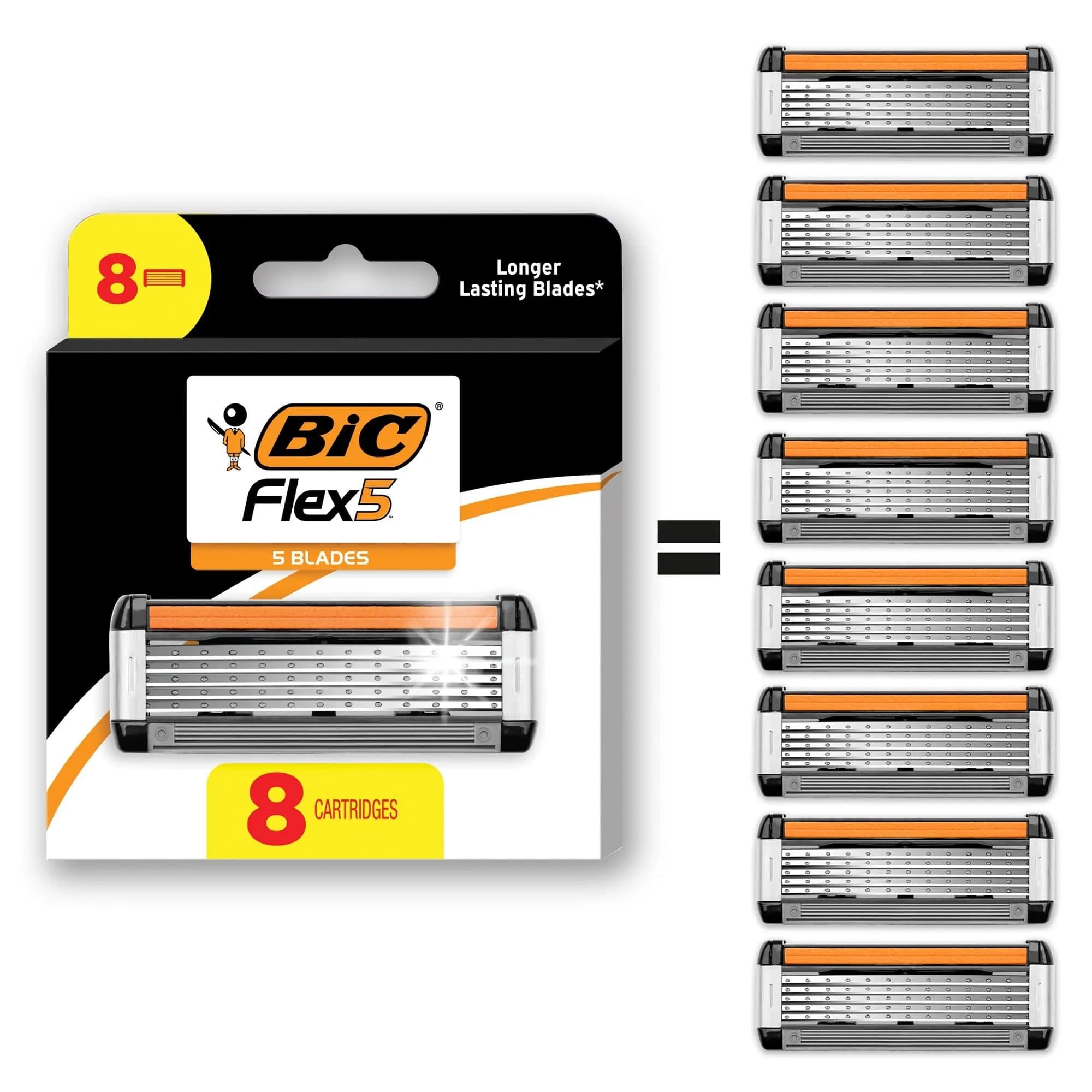 BIC Flex 5 Refillable Men's 5-Blade Razors with 12 Cartridges | Smooth Shave, Aloe & Vitamin E — Black/White/Orange