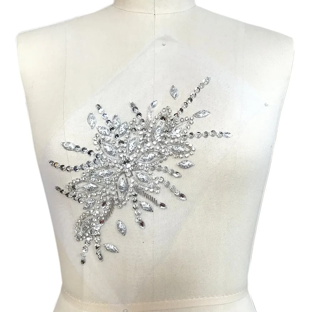 succi shan Fabric Applique Patch 16x28cm | Bright Silver Embroidered Beaded Rhinestone - main product image