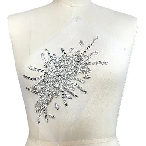 succi shan Fabric Applique Patch 16x28cm | Bright Silver Embroidered Beaded Rhinestone thumbnail 1