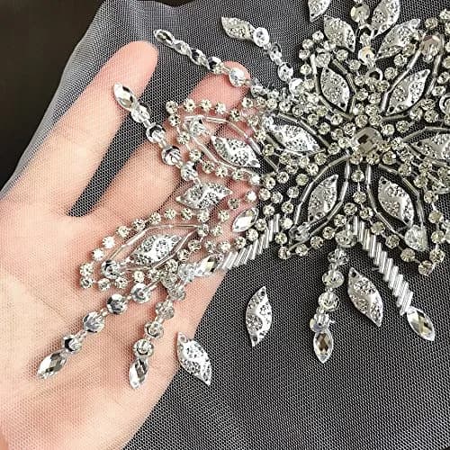 succi shan Fabric Applique Patch 16x28cm | Bright Silver Embroidered Beaded Rhinestone thumbnail 4