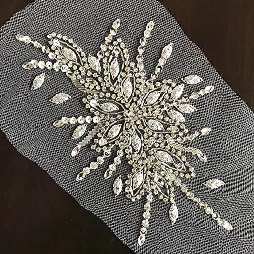 succi shan Fabric Applique Patch 16x28cm | Bright Silver Embroidered Beaded Rhinestone thumbnail 2