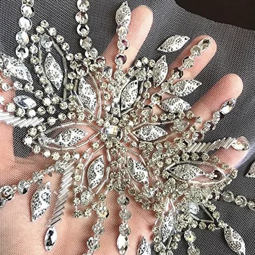 succi shan Fabric Applique Patch 16x28cm | Bright Silver Embroidered Beaded Rhinestone thumbnail 3