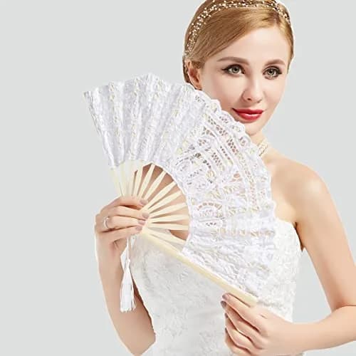 BABEYOND Cotton Lace Folding Hand Fan, Bamboo Wedding Dance Party Decor | Elegant, Handcrafted, Lightweight thumbnail 2
