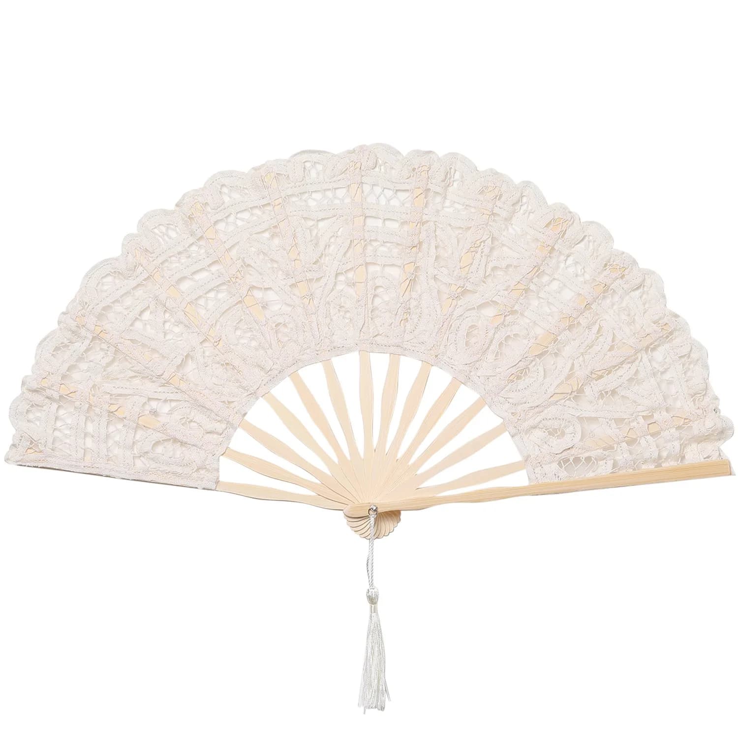 BABEYOND Cotton Lace Folding Hand Fan with Bamboo Frame & Tassel, 26cm Closed | Elegant Bridal Accessory for Weddings & Parties — beige