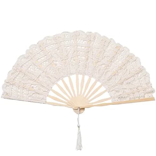 BABEYOND Cotton Lace Folding Hand Fan with Bamboo Frame & Tassel, 26cm Closed | Elegant Bridal Accessory for Weddings & Parties thumbnail 1