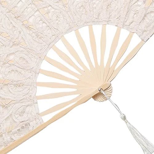 BABEYOND Cotton Lace Folding Hand Fan with Bamboo Frame & Tassel, 26cm Closed | Elegant Bridal Accessory for Weddings & Parties thumbnail 4