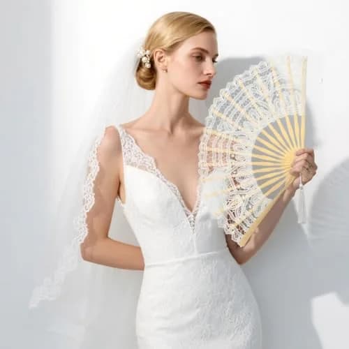 BABEYOND Cotton Lace Folding Hand Fan with Bamboo Frame & Tassel, 26cm Closed | Elegant Bridal Accessory for Weddings & Parties thumbnail 2