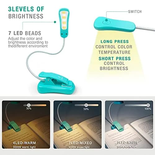 Vekkia Rechargeable Book Light Blue 10.5cm (4.1in) | 3 Color x 3 Brightness, 70 Hours Lighting thumbnail 2