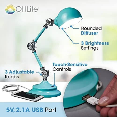 OttLite Revive LED Desk Lamp with USB Port, Turquoise | Natural Light, Eye-Friendly, Adjustable Height thumbnail 2