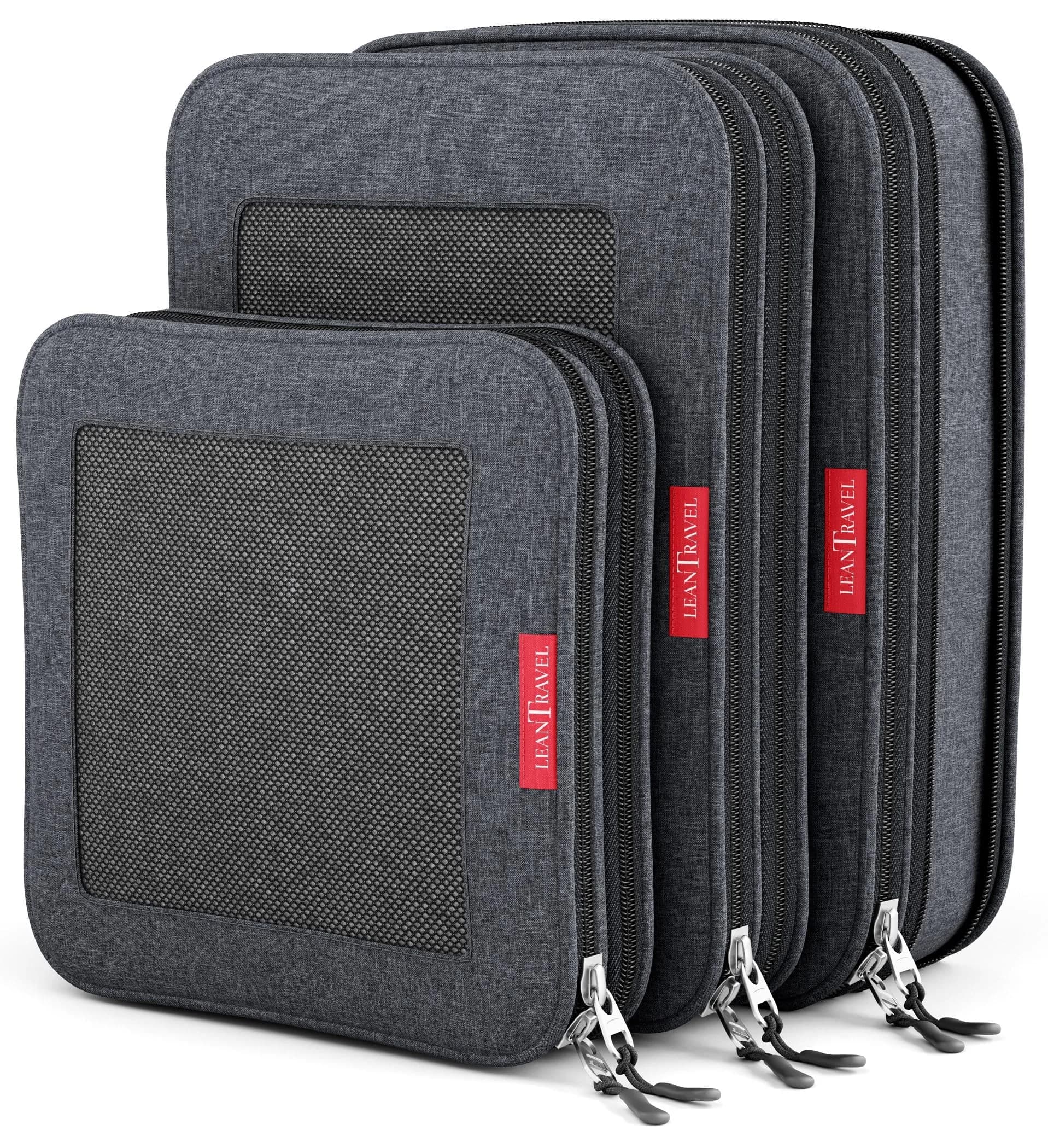 LeanTravel Premium Compression Packing Cubes for Travel - Suitcase Organizer Bags with Double Zipper & Breathable Mesh Panel - Space Saving Carry On Luggage Essentials (1 Medium Bag, Grey) — Black