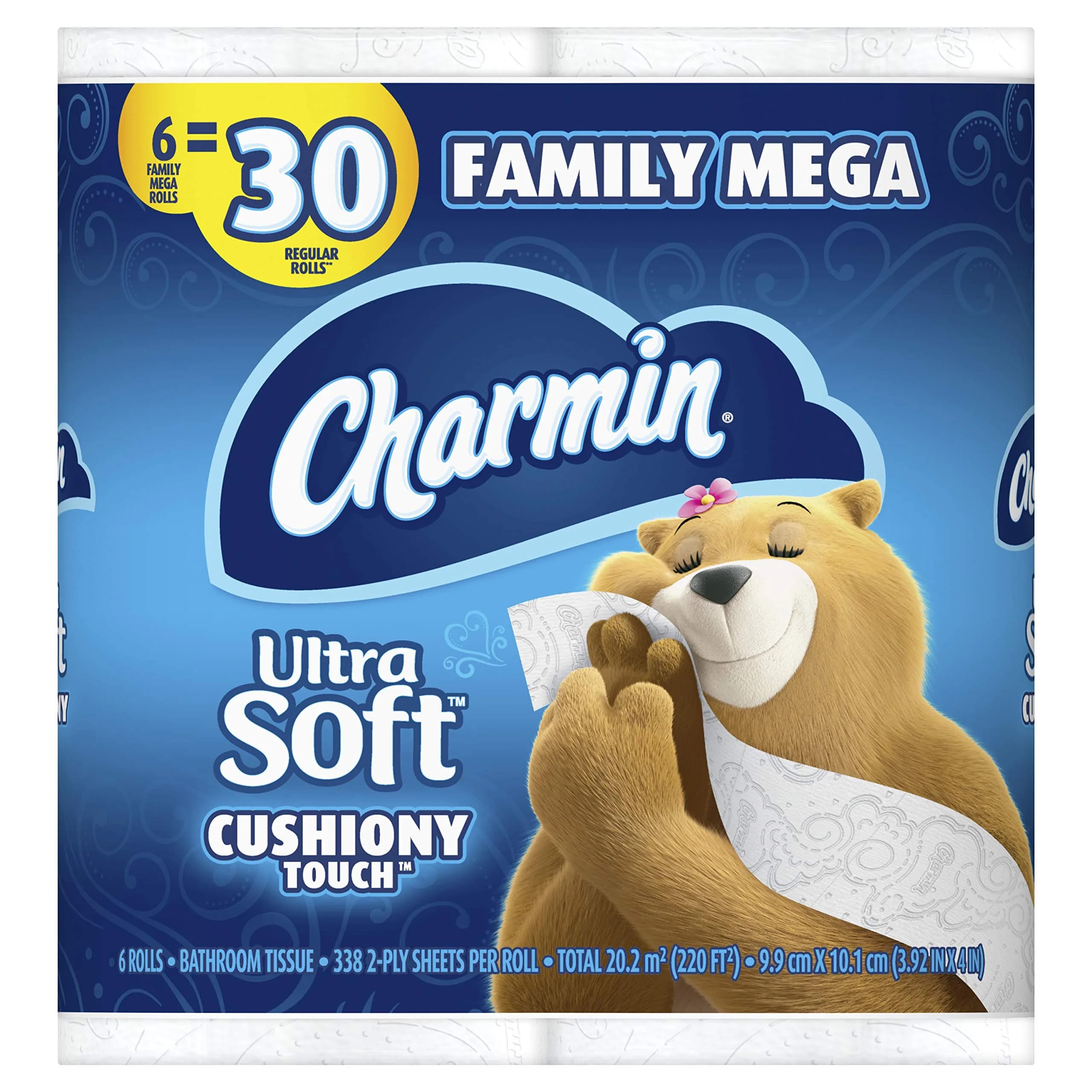 Charmin Ultra Soft Cushiony Touch Toilet Paper, 6 Family Mega Rolls (338 Sheets/Roll) | 2-Ply, Unscented - main product image