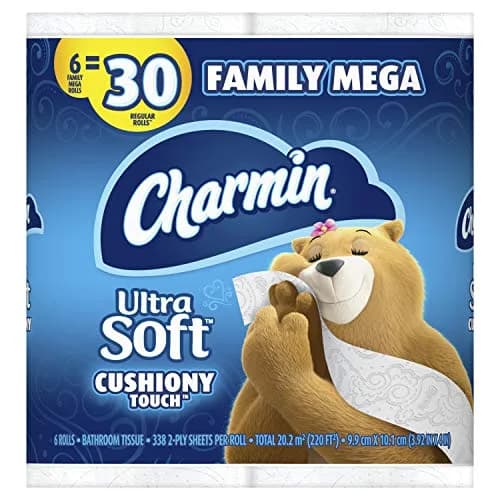 Charmin Ultra Soft Cushiony Touch Toilet Paper, 6 Family Mega Rolls (338 Sheets/Roll) | 2-Ply, Unscented thumbnail 1