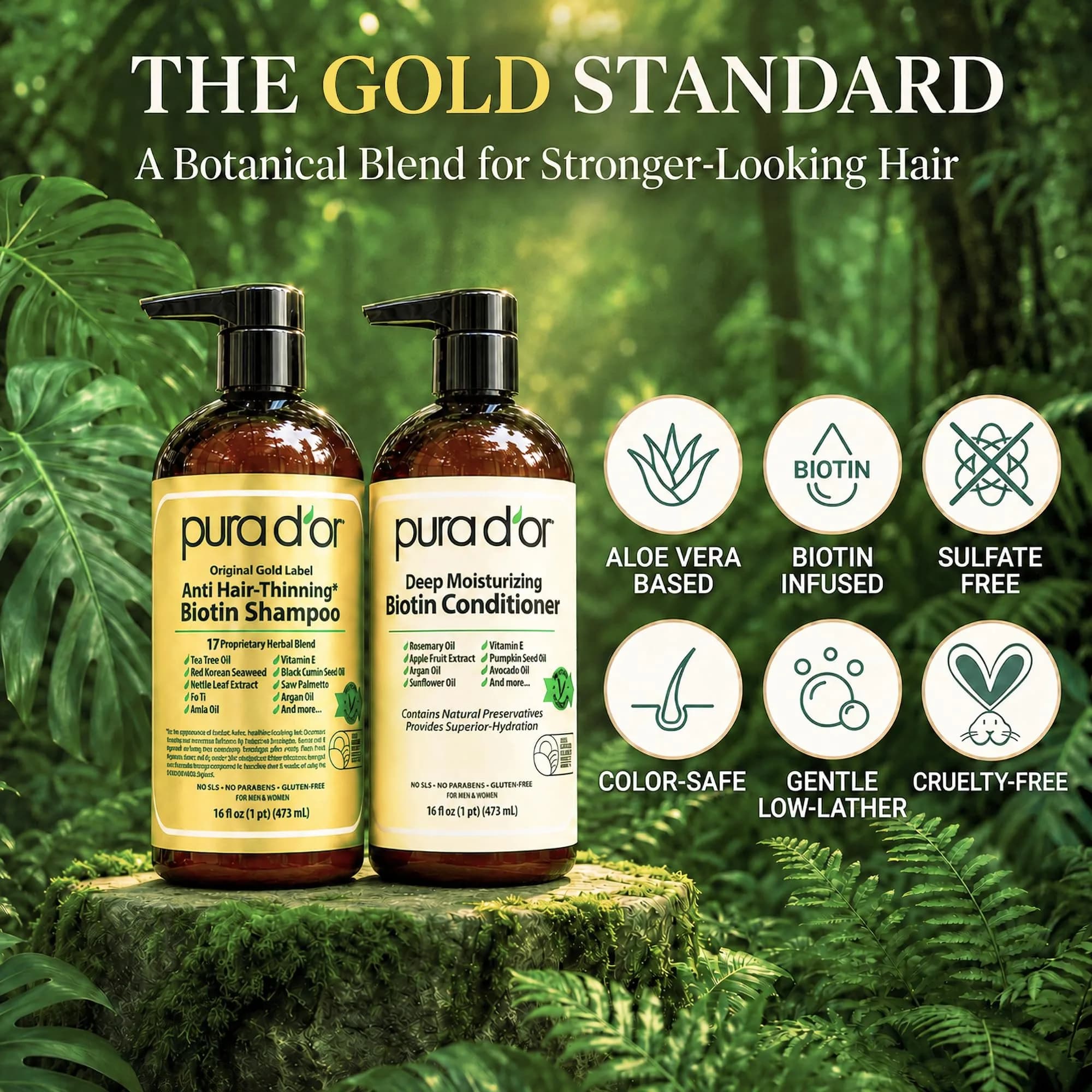 PURA D'OR Gold Label Anti-Thinning Biotin Shampoo & Conditioner Set 2x473ml (16 Fl Oz x2) | Thicker, Fuller Hair - view 5