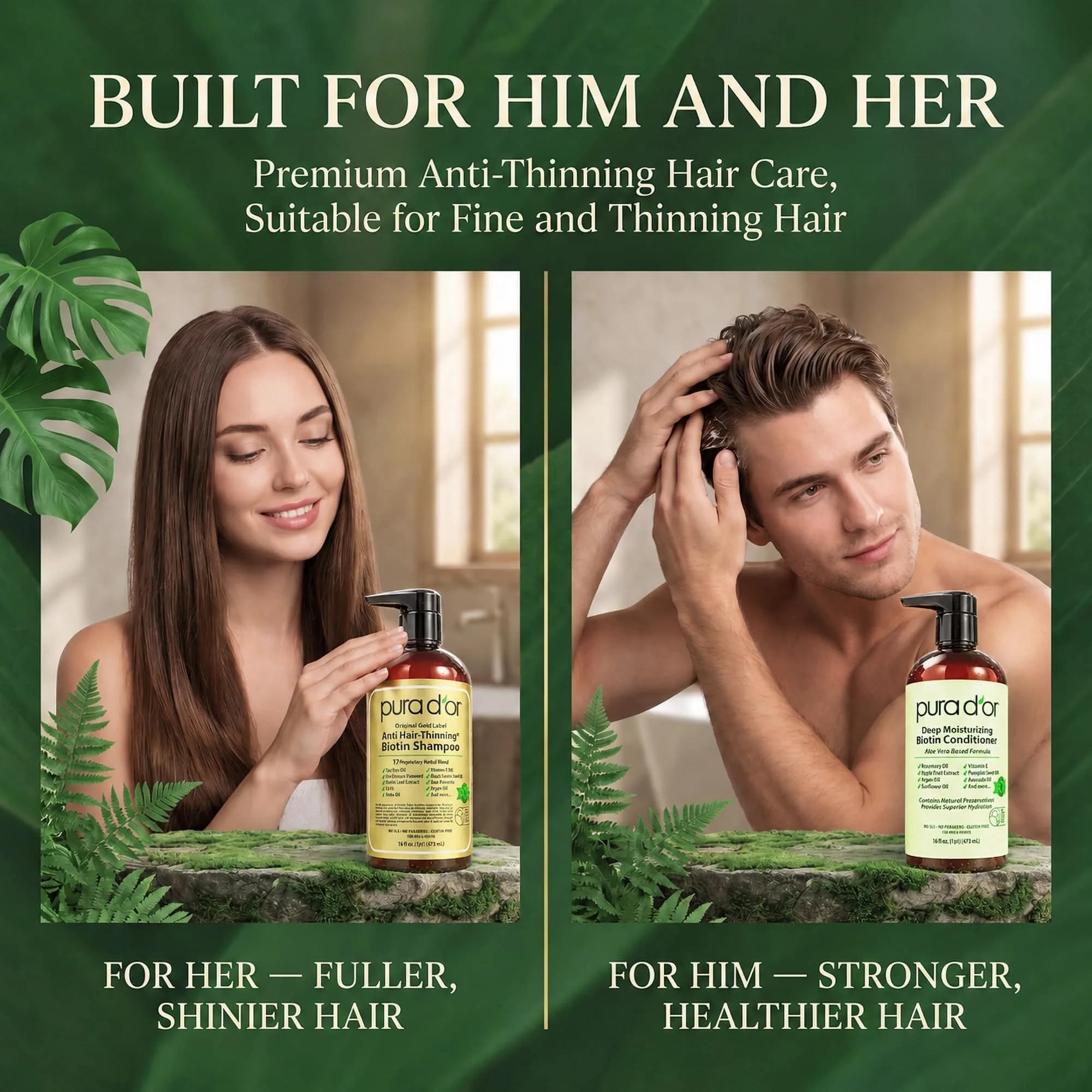 PURA D'OR Gold Label Anti-Thinning Biotin Shampoo & Conditioner Set 2x473ml (16 Fl Oz x2) | Thicker, Fuller Hair - view 6