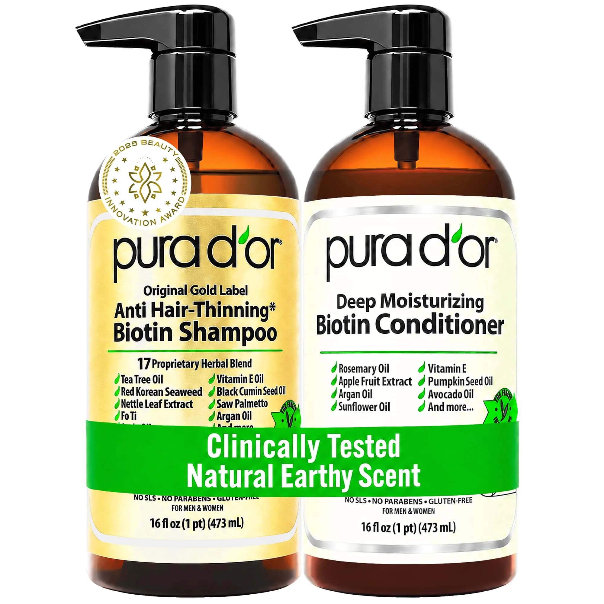PURA D'OR Gold Label Anti-Thinning Biotin Shampoo & Conditioner Set 2x473ml (16 Fl Oz x2) | Thicker, Fuller Hair - main product image