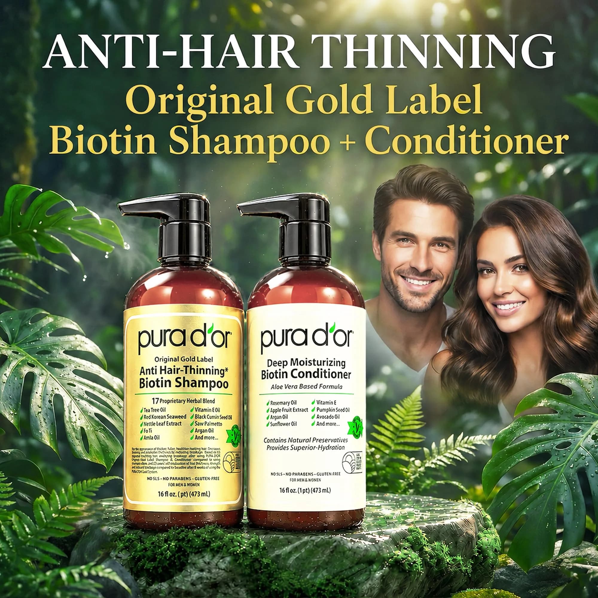 PURA D'OR Gold Label Anti-Thinning Biotin Shampoo & Conditioner Set 2x473ml (16 Fl Oz x2) | Thicker, Fuller Hair - view 2