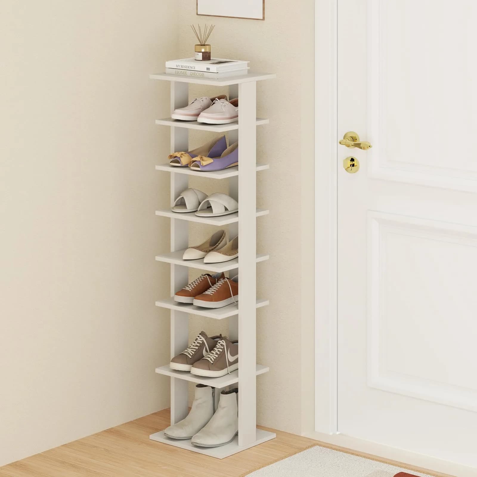 Tangkula 8-Tier Vertical Shoe Rack | Holds 7 Pairs, White | Space-Saving & Durable — White