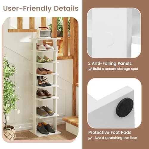 Tangkula 8-Tier Vertical Shoe Rack | Holds 7 Pairs, White | Space-Saving & Durable thumbnail 7