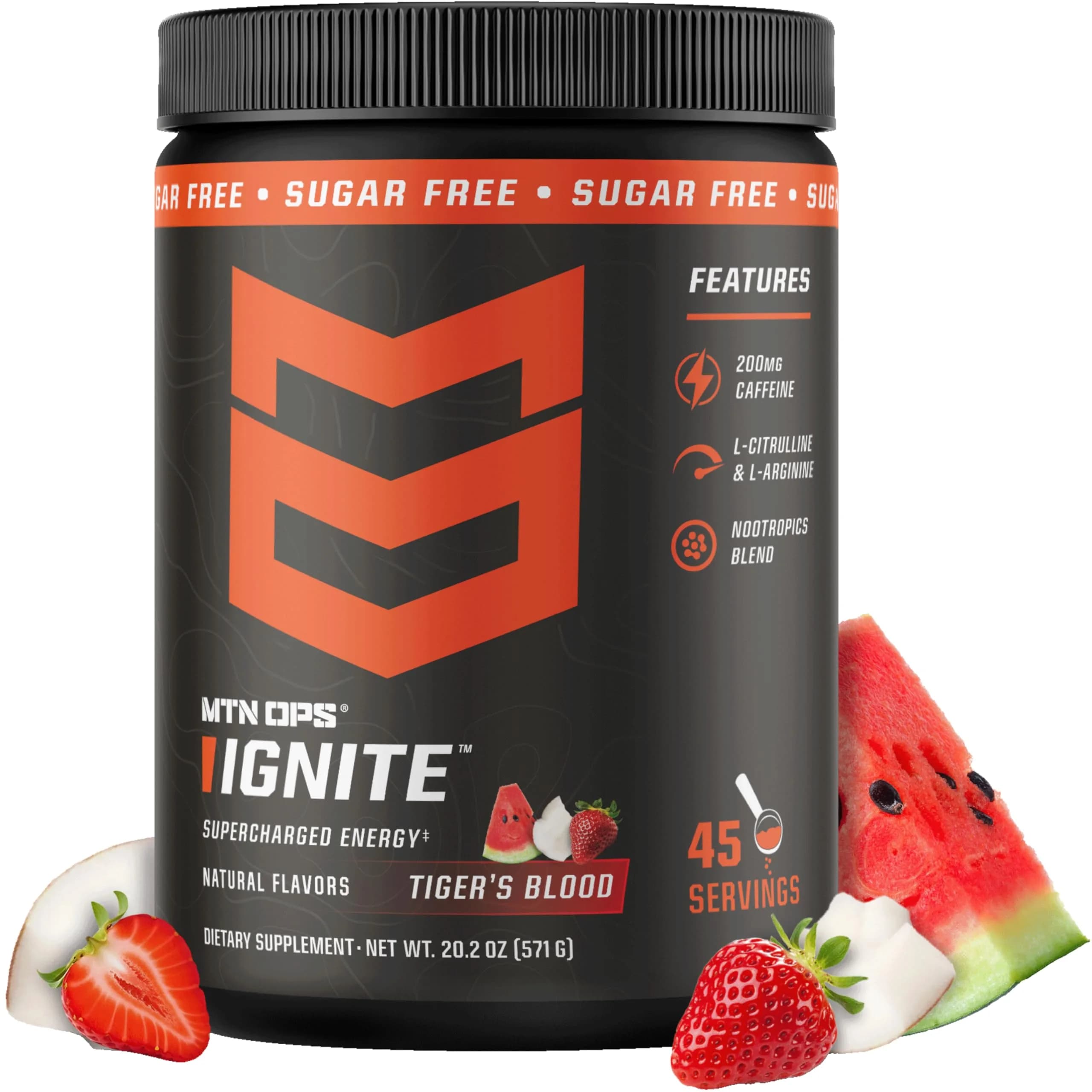 MTN OPS Ignite Energy Powder, Zero Sugar, Tiger's Blood | Long-lasting gluten-free energy for athletes & adventurers