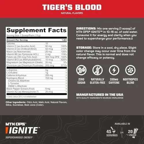 MTN OPS Ignite Energy Powder, Zero Sugar, Tiger's Blood | Long-lasting gluten-free energy for athletes & adventurers thumbnail 2