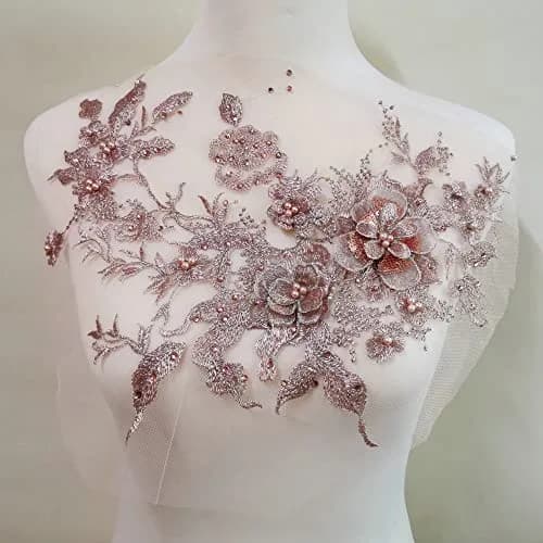 FEEPOP 3D Embroidered Flower Applique Patch 35cm x 28cm (13.8x11 inch) | Golden Lace Fabric DIY Decoration thumbnail 1
