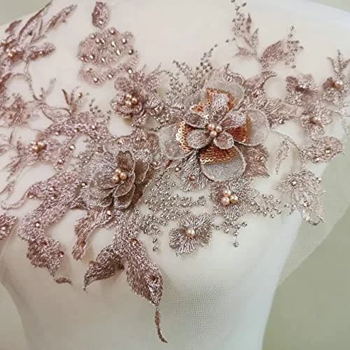 FEEPOP 3D Embroidered Flower Applique Patch 35cm x 28cm (13.8x11 inch) | Golden Lace Fabric DIY Decoration thumbnail 2