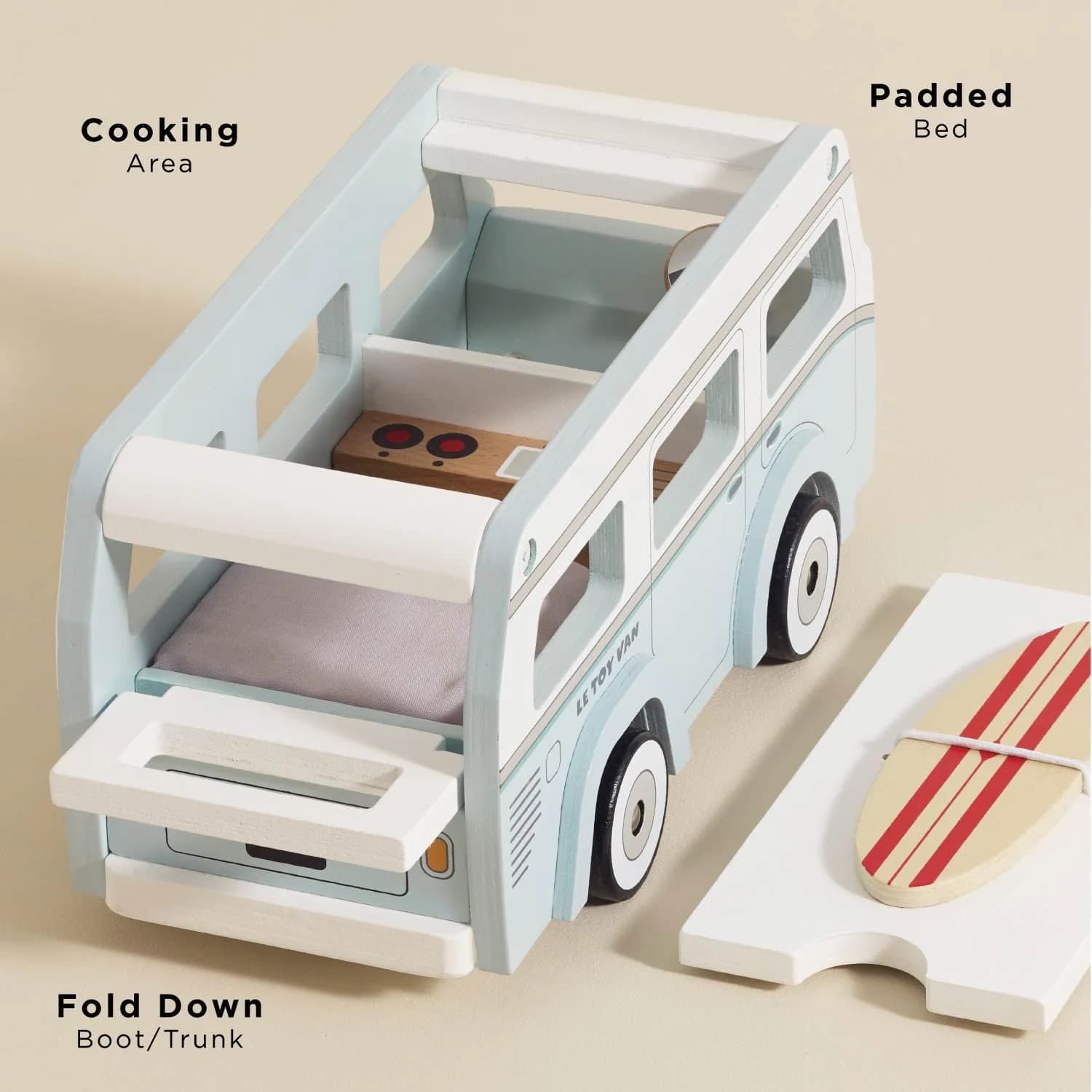 Le Toy Van Wooden Holiday Campervan with Surfboard | Ages 3+ | 26.9cm (10.59in) - view 5