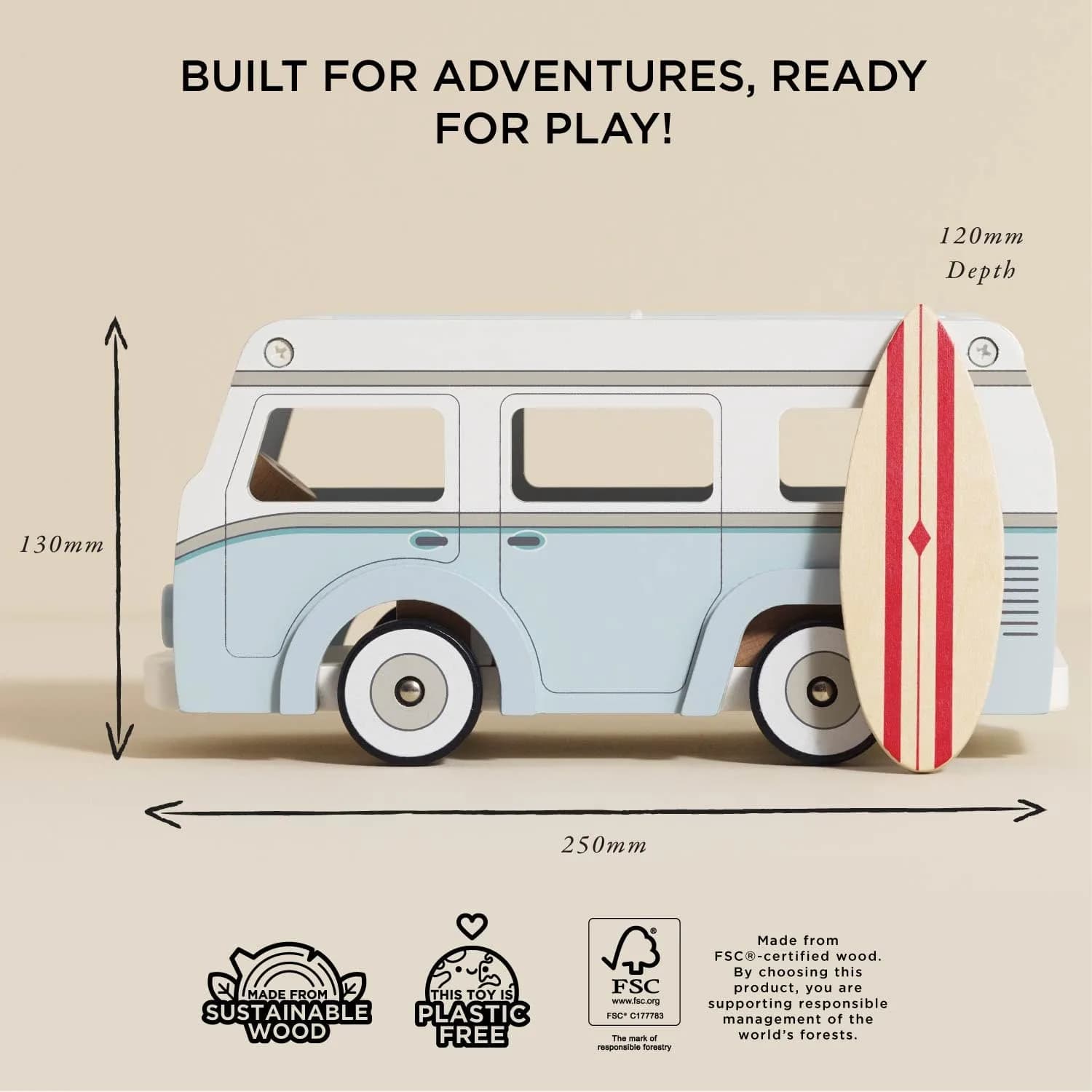 Le Toy Van Wooden Holiday Campervan with Surfboard | Ages 3+ | 26.9cm (10.59in) - view 7
