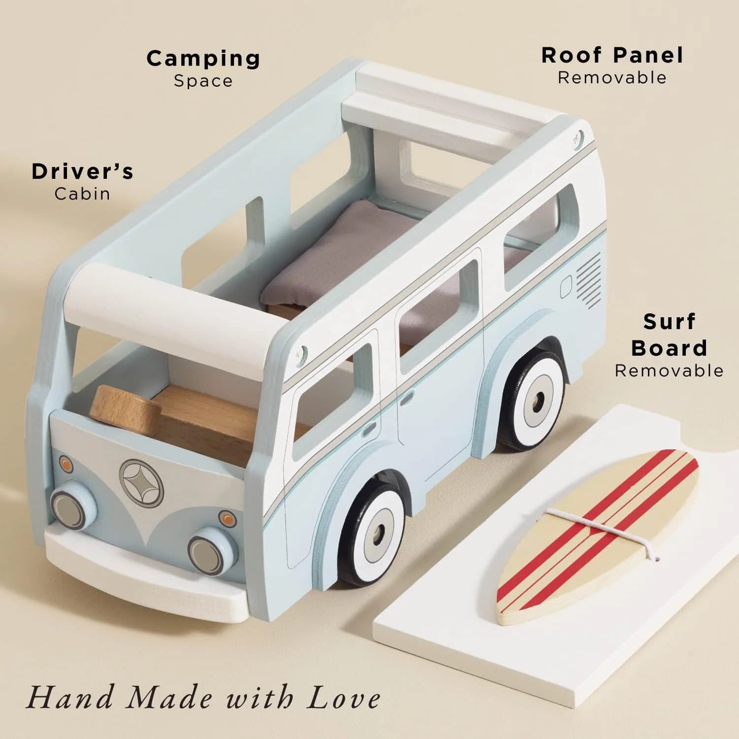 Le Toy Van Wooden Holiday Campervan with Surfboard | Ages 3+ | 26.9cm (10.59in) - view 3