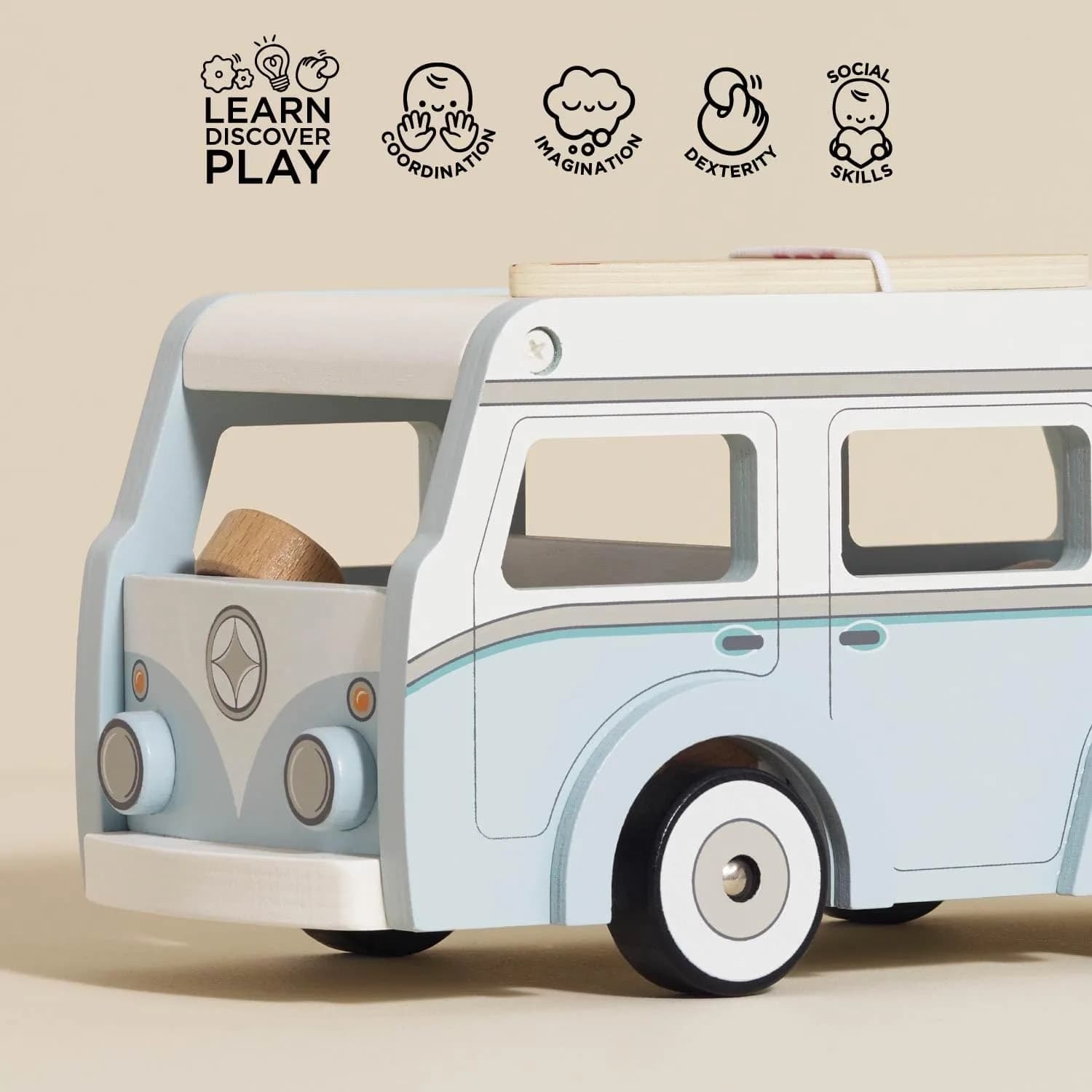 Le Toy Van Wooden Holiday Campervan with Surfboard | Ages 3+ | 26.9cm (10.59in) - view 4
