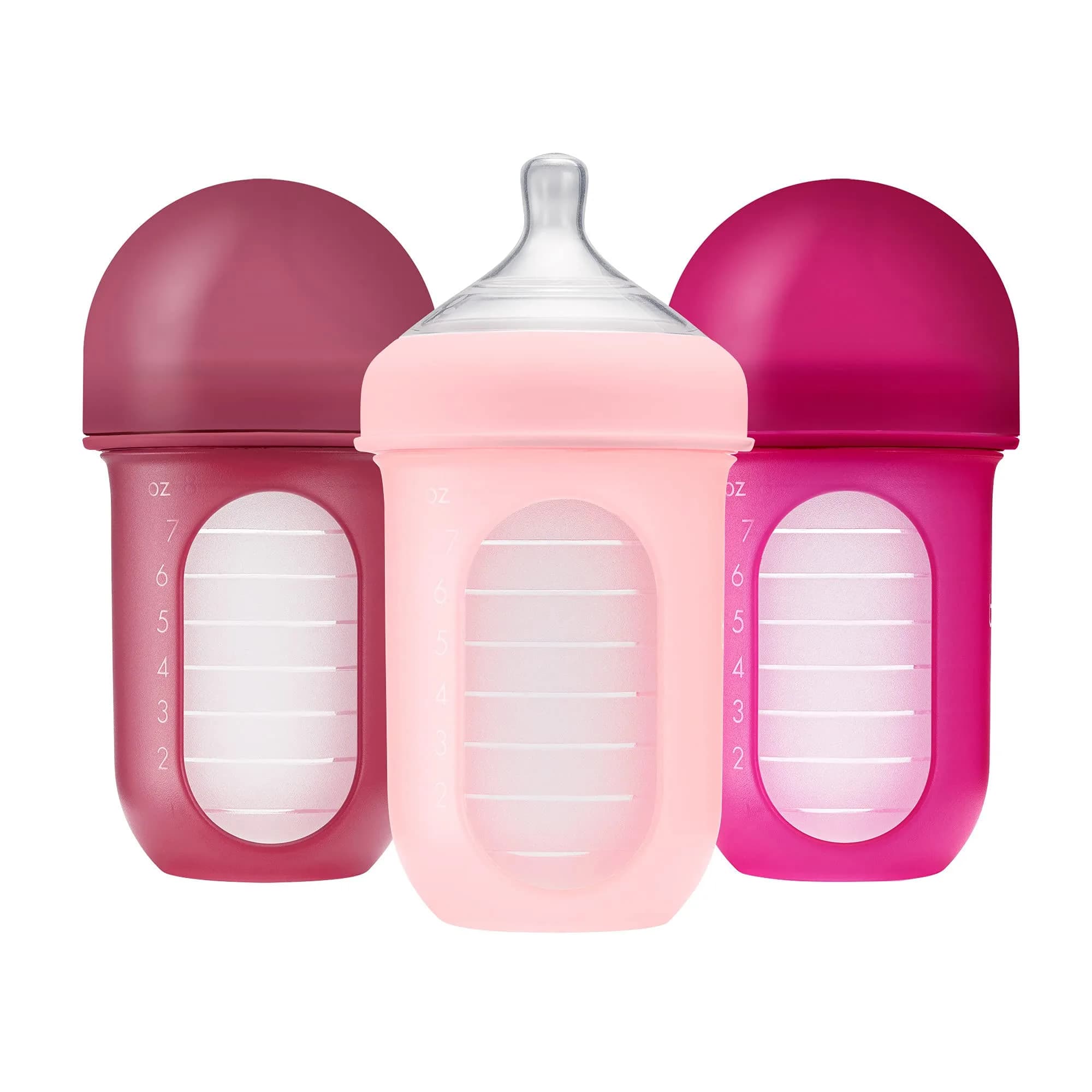 Boon Nursh Silicone Baby Bottles - Pink - 237ml (8 Oz) - 3 Count | Air-Free Feeding Reduces Colic Symptoms - main product image