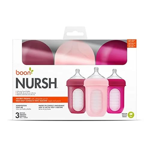 Boon Nursh Silicone Baby Bottles - Pink - 237ml (8 Oz) - 3 Count | Air-Free Feeding Reduces Colic Symptoms thumbnail 7